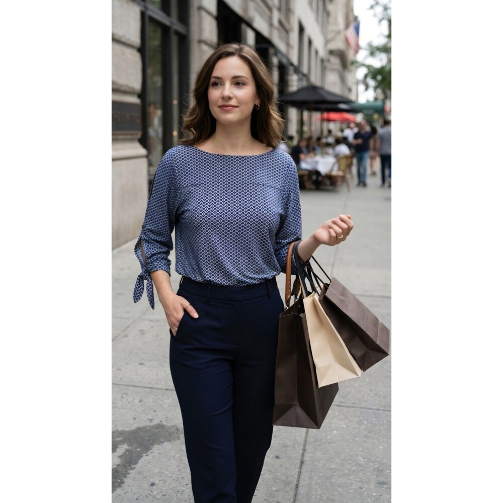 The Limited Women's Blue/White Geometric Tie-Sleeve Boat Neck Blouse M